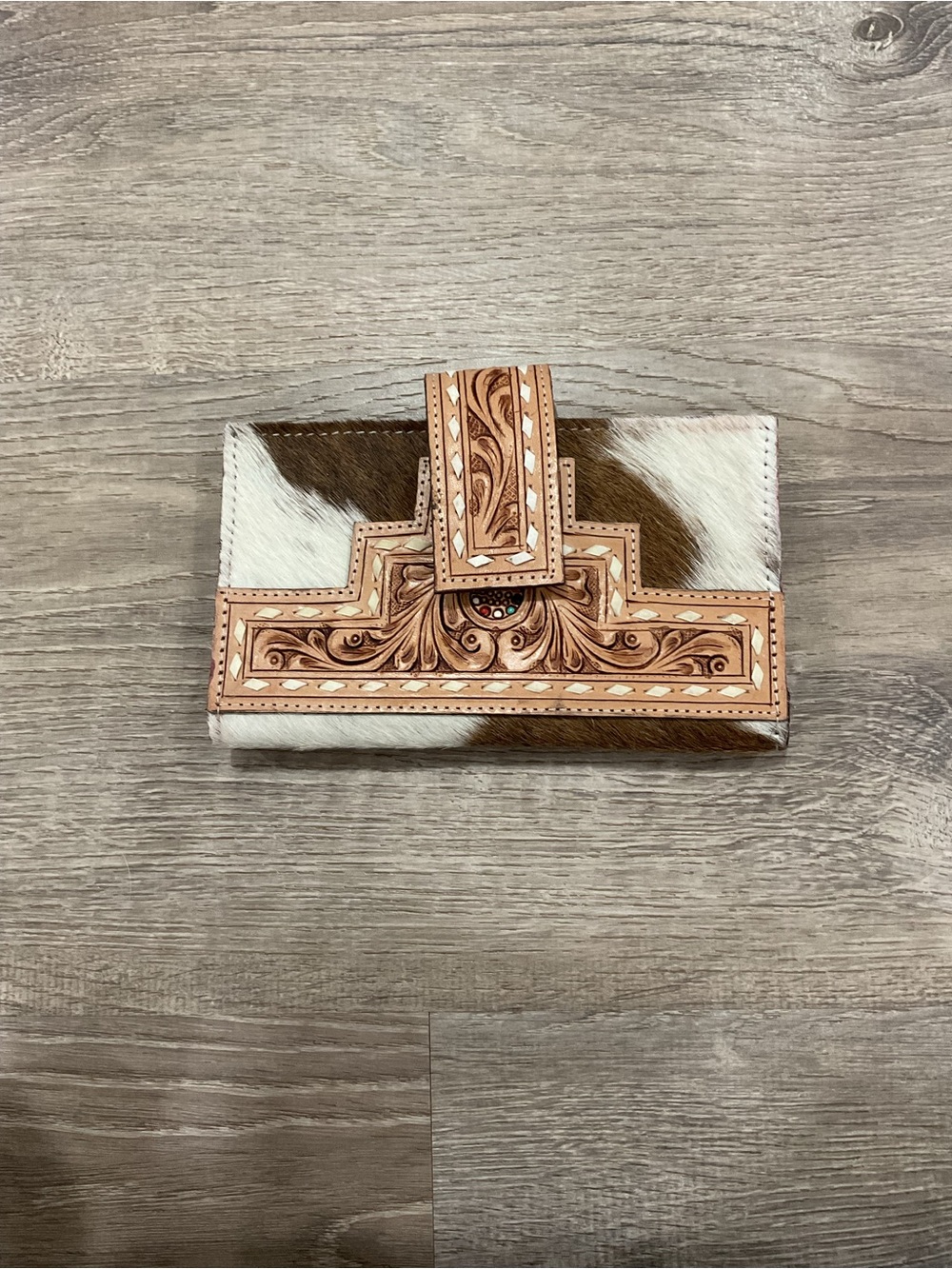 Cowhide Leather Tooled Wallet - Brown & White